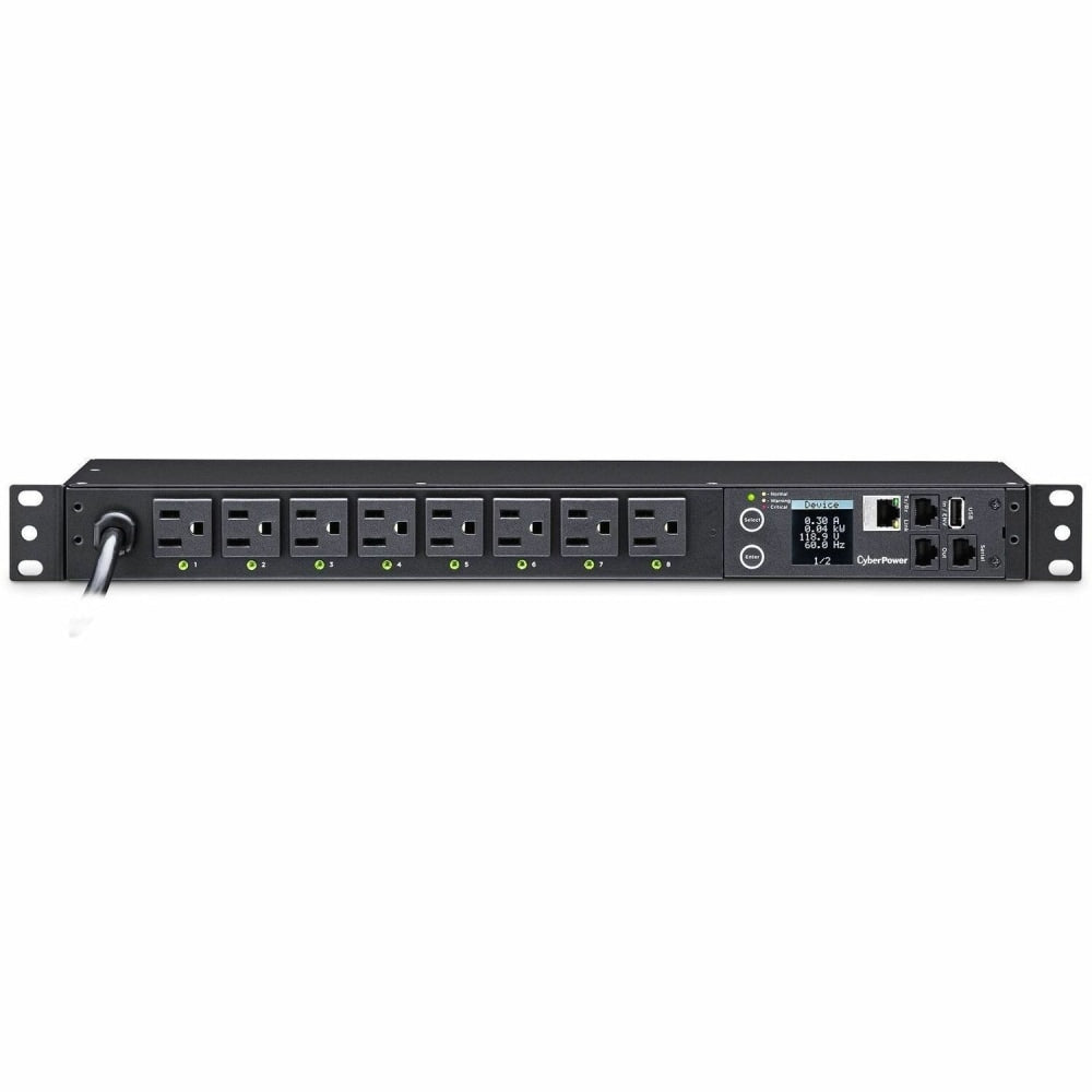 CyberPower PDU41001 Single Phase 100 - 120 VAC 15A Switched PDU - 8 Outlets, 12 ft, NEMA 5-15P, Horizontal, 1U, SNMP, LCD, 3YR Warranty