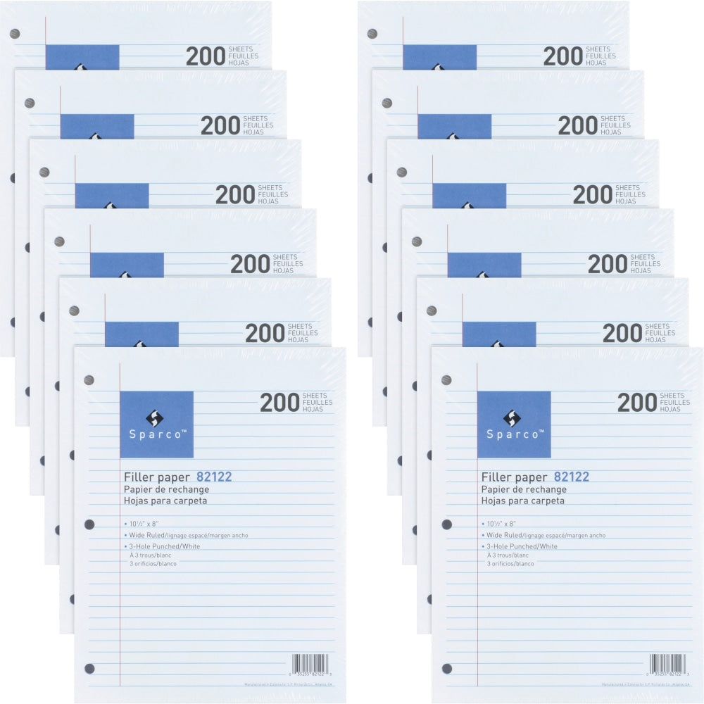 Sparco 3HP Notebook Filler Paper, 8in x 10.5in, Wide Ruled, 2400 Sheets, White