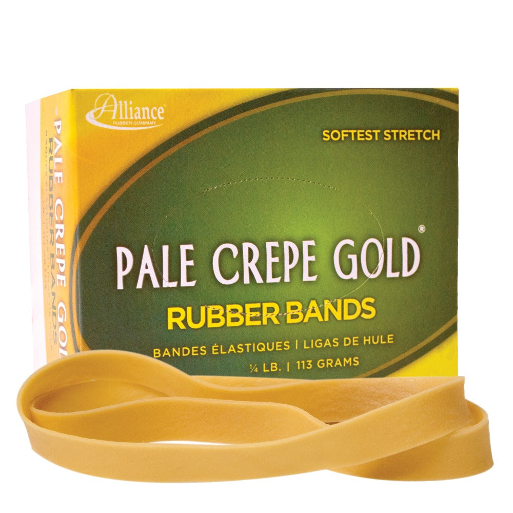 Alliance Rubber Pale Crepe Gold Rubber Bands In 1/4-Lb Box, #107, 7in x 5/8in, Box Of 15