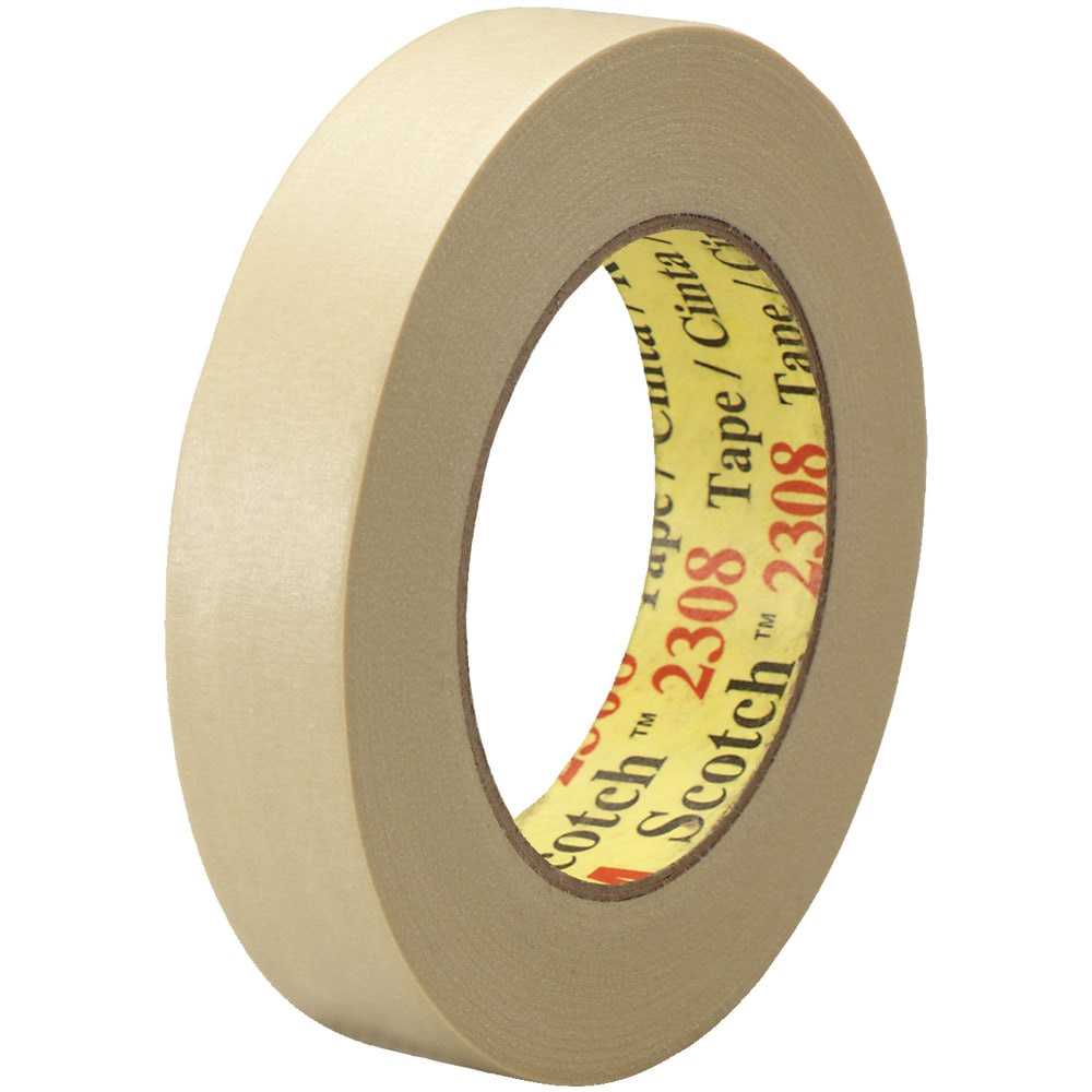 3M 2308 Masking Tape, 3in Core, 1in x 180ft, Natural, Pack Of 12