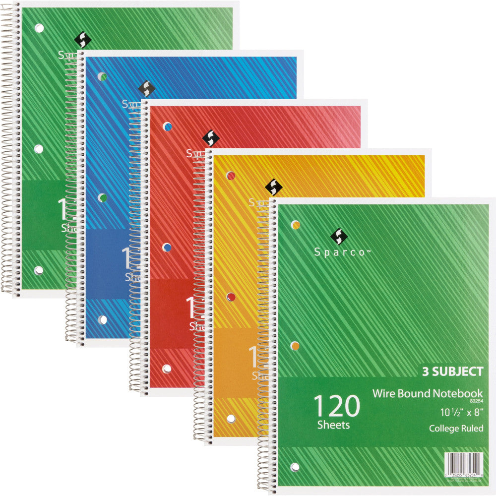 Sparco Wire-Bound Notebooks, 8in x 10.5in, College Ruled, 120 Sheets, Assorted, Pack Of 6