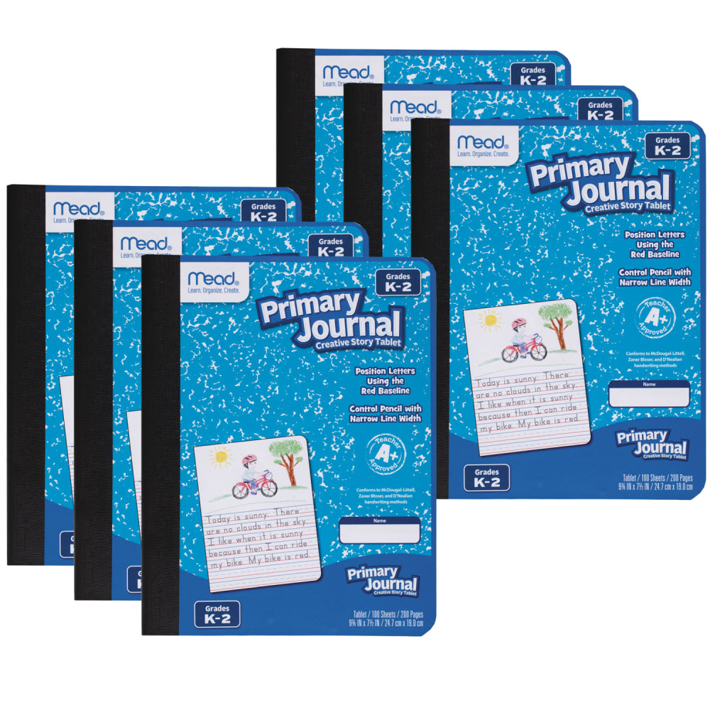 Mead Primary Journals, 7-1/2in x 9-1/2in, Half Page Ruled, 100 Sheets, Blue, Pack Of 6 Journals