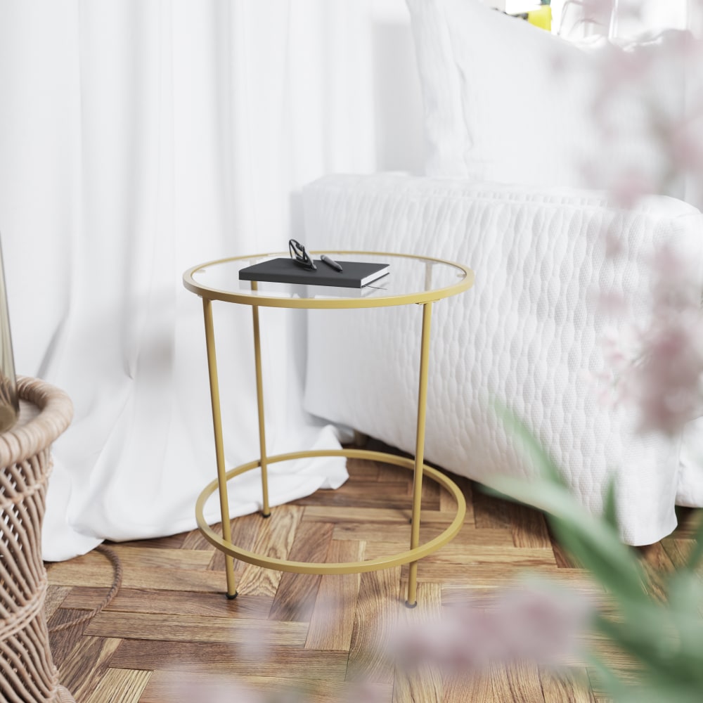 Flash Furniture Round Glass End Table, 21-1/2inH x 19-1/2inW x 19-1/2inD, Clear/Matte Gold