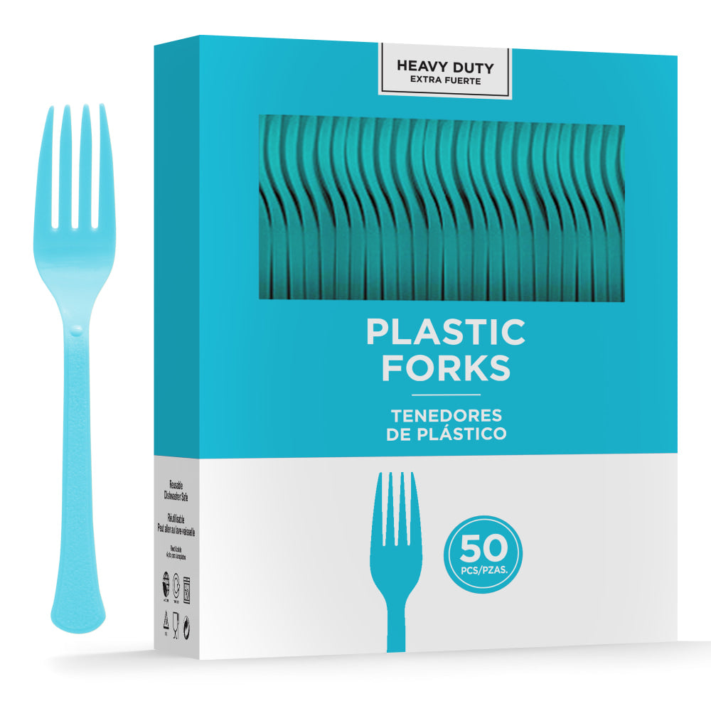 Amscan 8017 Solid Heavyweight Plastic Forks, Caribbean Blue, 50 Forks Per Pack, Case Of 3 Packs