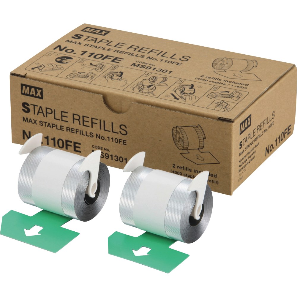 MAX 110Fe Staple Refill - 4000 Per Cartridge - 9/16in Leg - Holds 100 Sheet(s) - for Paper - Silver8000 / Box