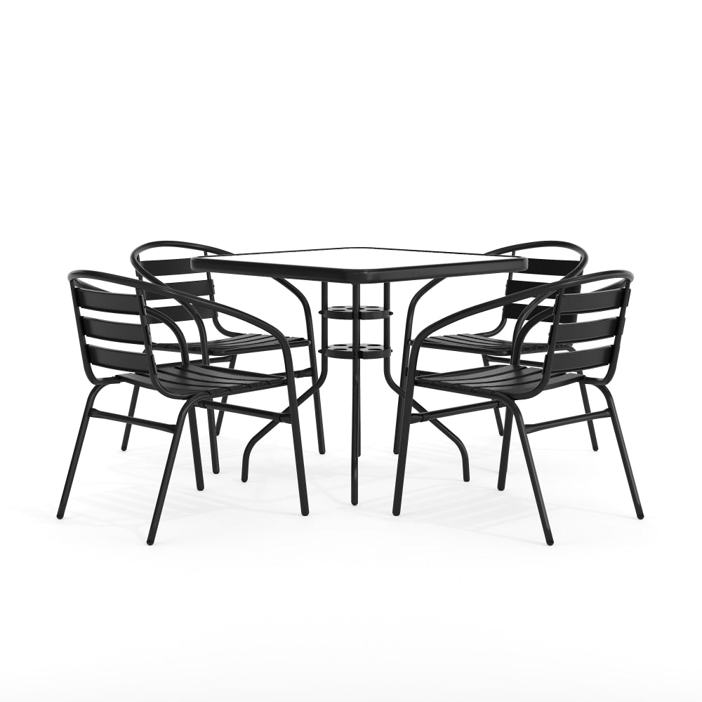 Flash Furniture Square Glass Metal Table With 4 Aluminum Slat Stack Chairs, 28inH x 31-1/2inW x 31-1/2inD, Clear/Black
