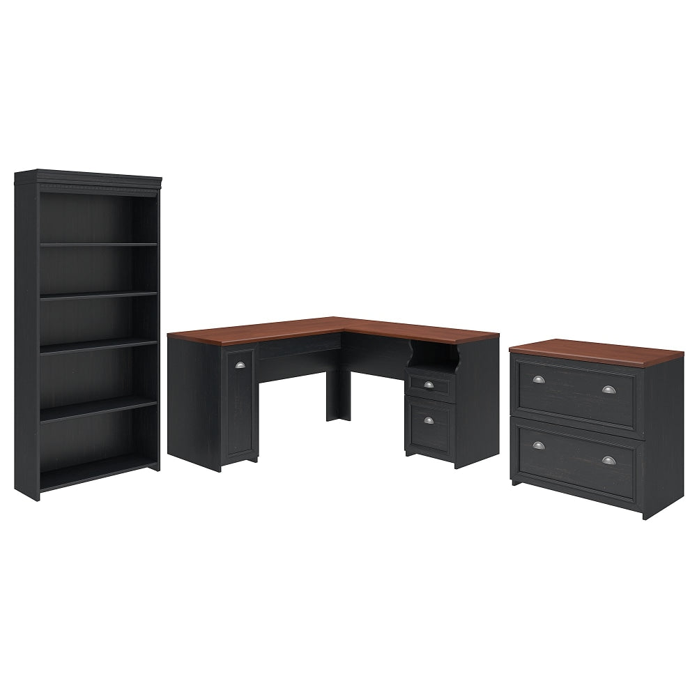 Bush Business Furniture Fairview 60inW L-Shaped Corner Desk With Lateral File Cabinet And 5-Shelf Bookcase, Antique Black, Standard Delivery