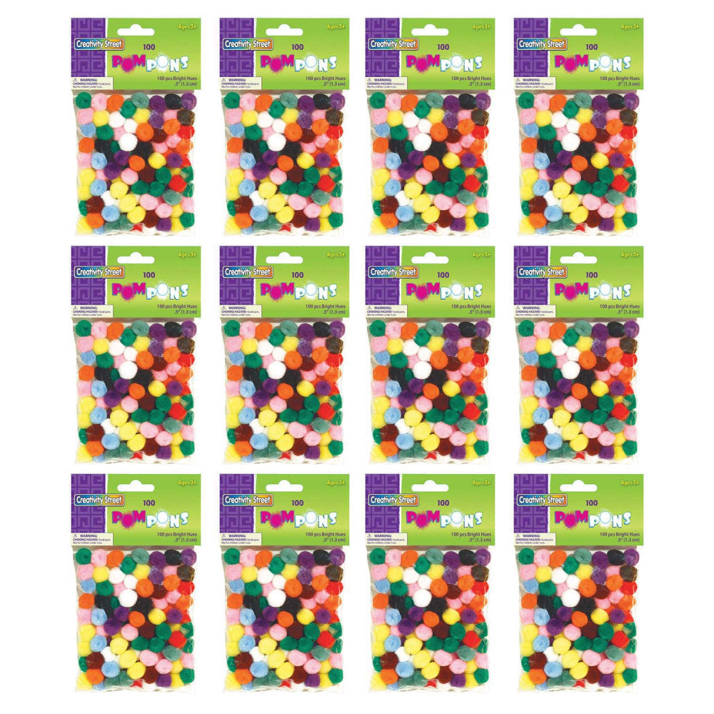 Creativity Street Pom Poms, 1/2in, Bright Hues Assortment, 100 Pom Poms Per Pack, Set Of 12 Packs