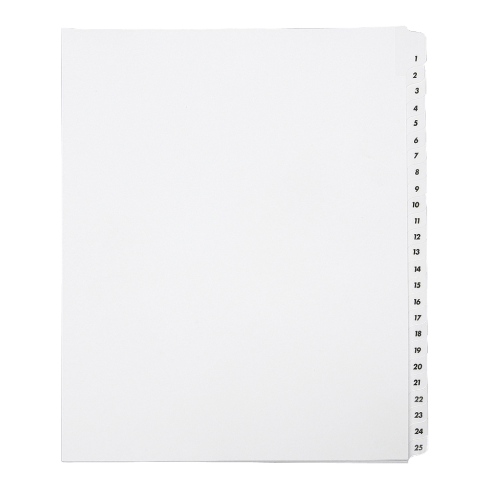 SKILCRAFT Index Divider Sheets With Numerical Tabs, 1-25, Letter Size, Clear/White, Set Of 25 (AbilityOne 7530-01-407-2250)