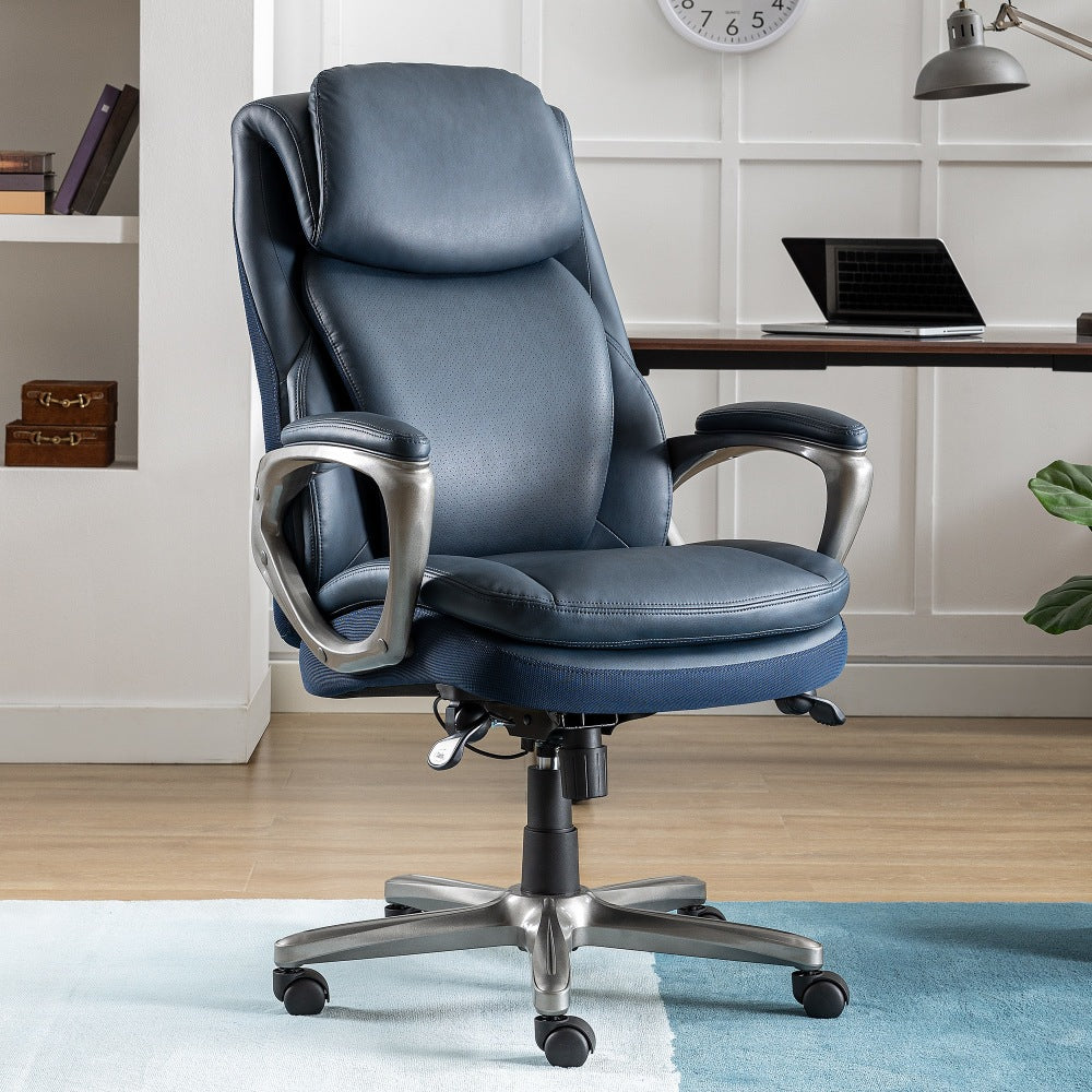 Serta Smart Layers Arlington AIR Ergonomic Bonded Leather High-Back Executive Chair, Navy/Silver