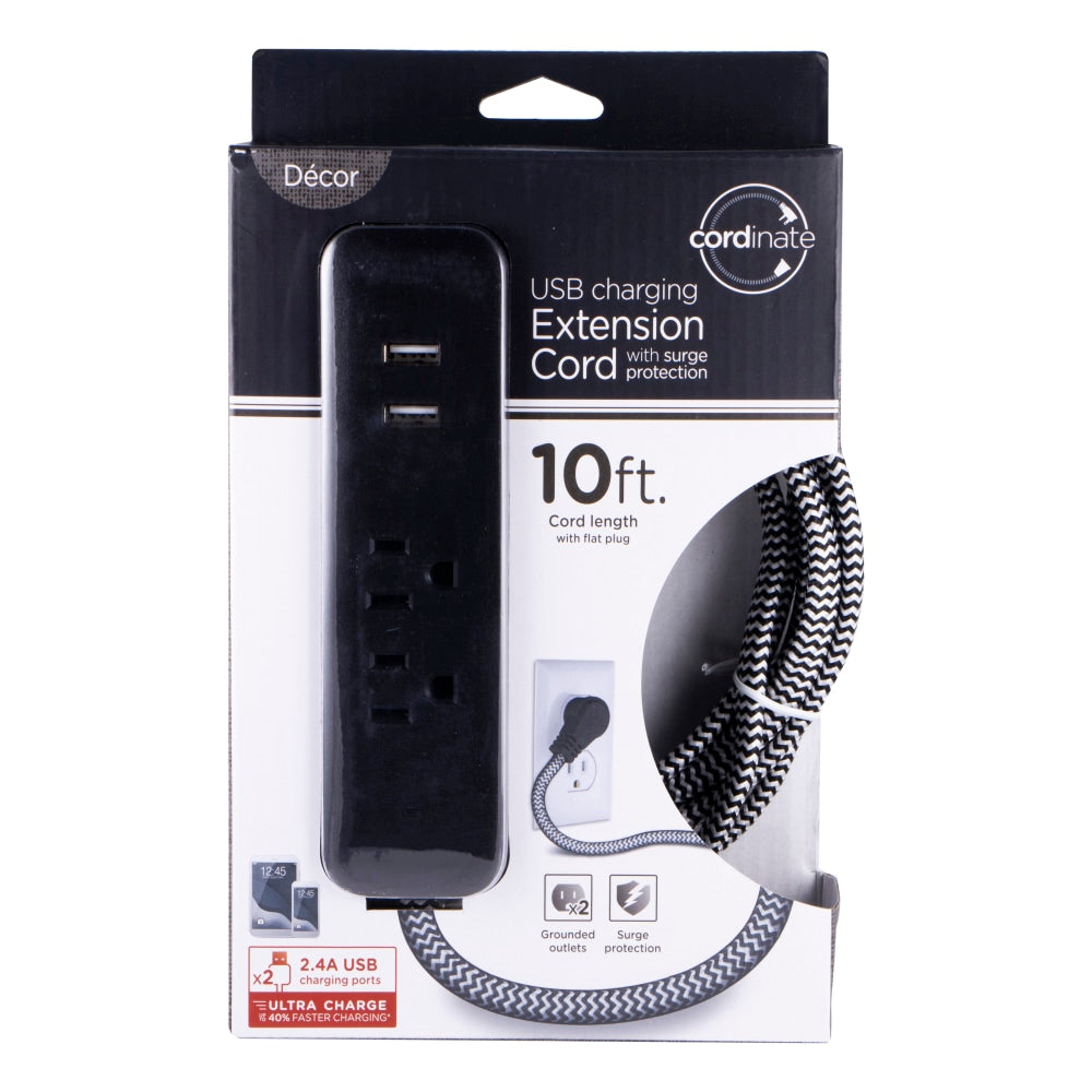 Cordinate 4-Outlet 16-Gauge USB Extension Cord With Surge Protection, 10ft, Black/White
