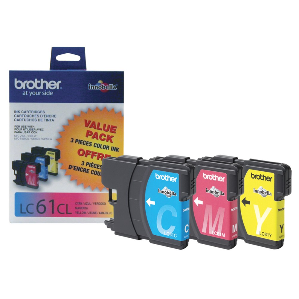 Brother LC61 Cyan, Magenta, Yellow Ink Cartridges, Pack Of 3, LC61CMY